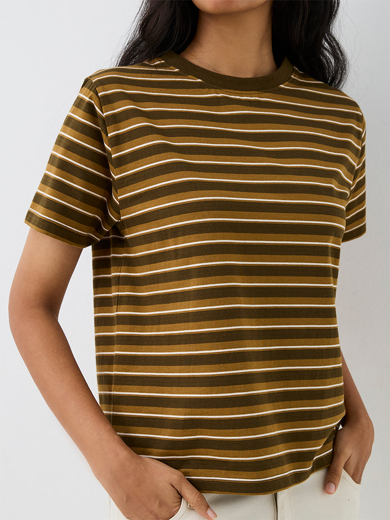 LOV Dark Olive Striped Cotton T-Shirt