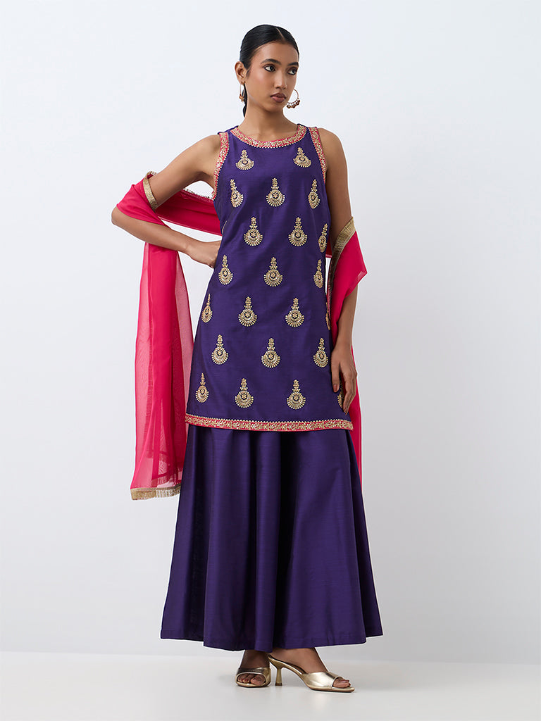 Vark Purple Floral Embroidered A-Line Kurta and Flared Palazzos Set
