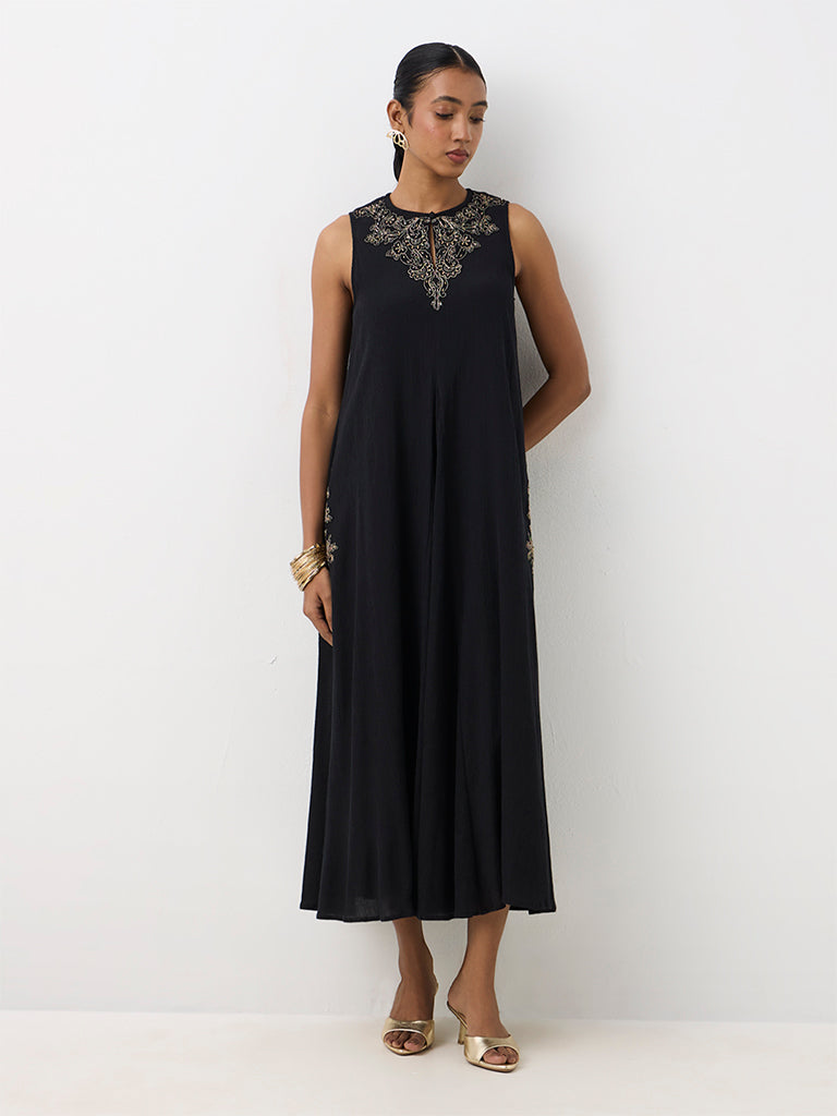 Vark Black Embroidered A-Line Dress