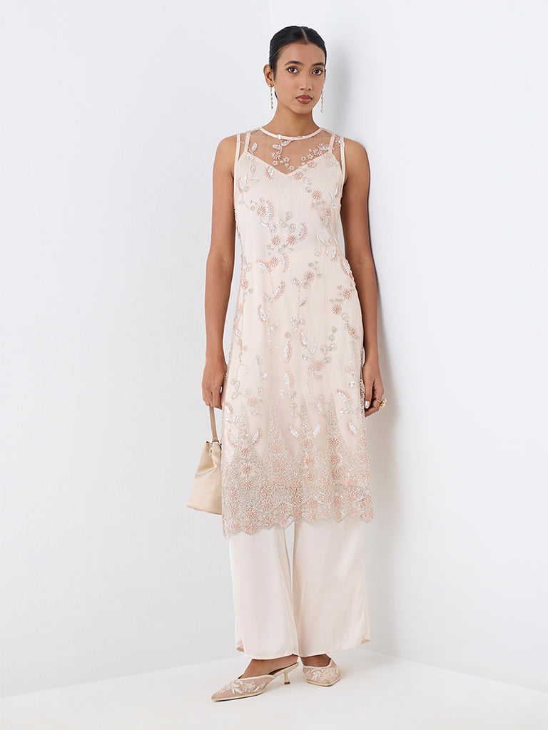 Vark Light Pink Floral Embellished Sheer Co-ord Set with Inner