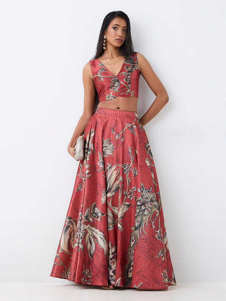 Vark Red Floral Printed Crop Top
