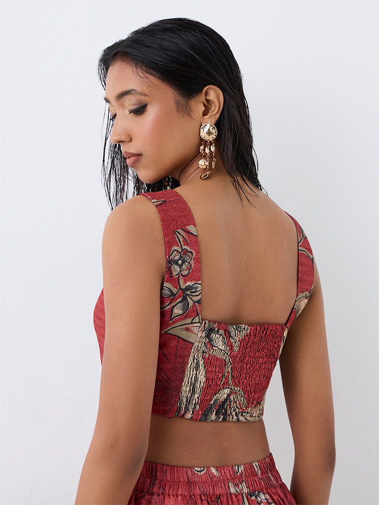 Vark Red Floral Printed Crop Top
