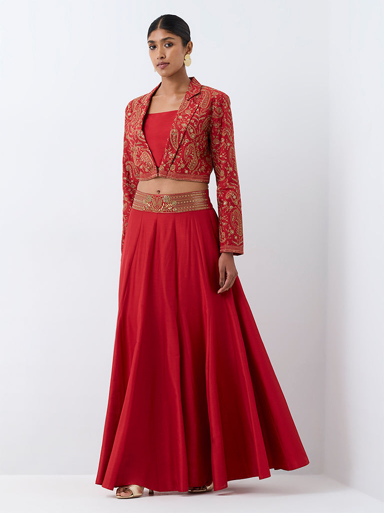 Vark Red Paisley Embroidered Jacket with Top