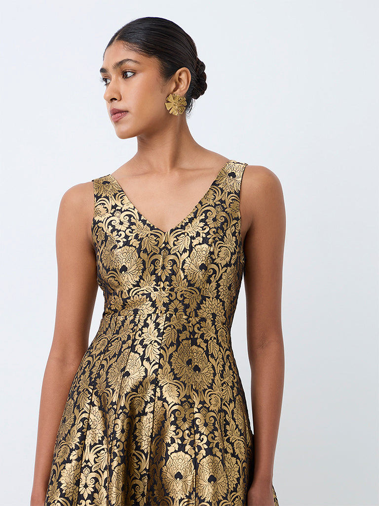 Vark Black Floral Jacquard Fit-and-Flare Dress