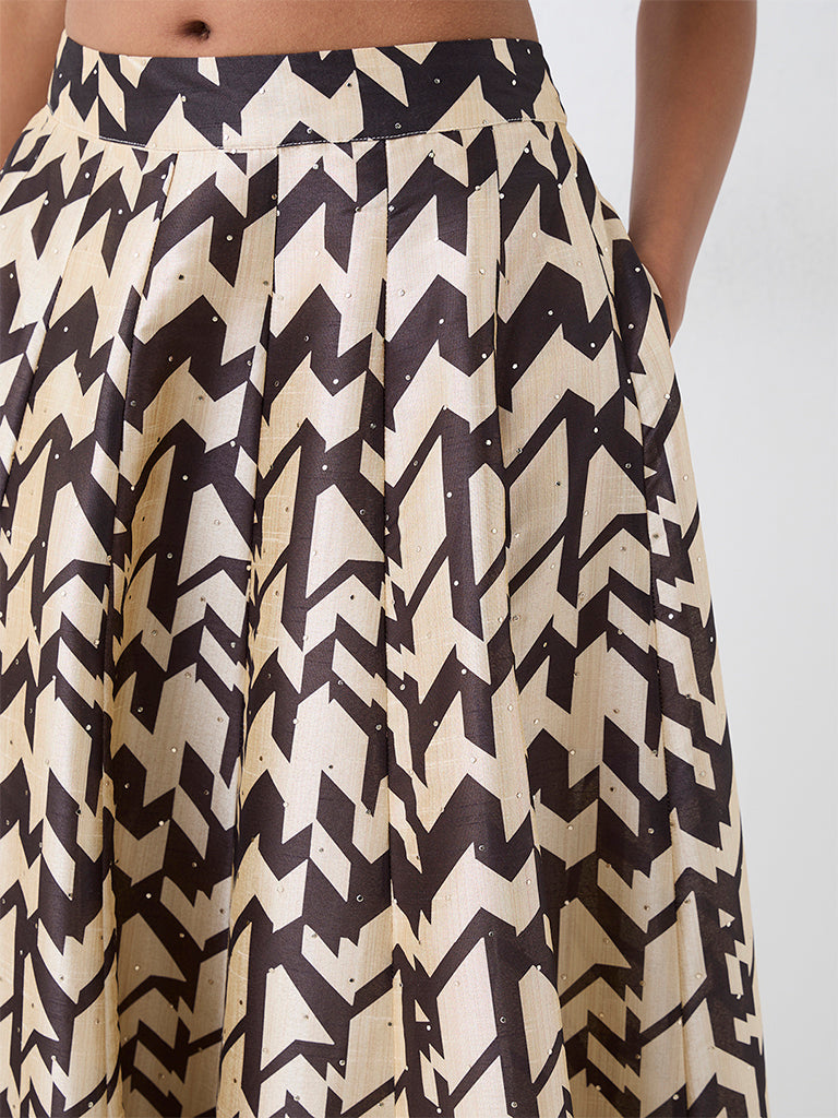 Vark Black Graphic Printed Flared Maxi Skirt