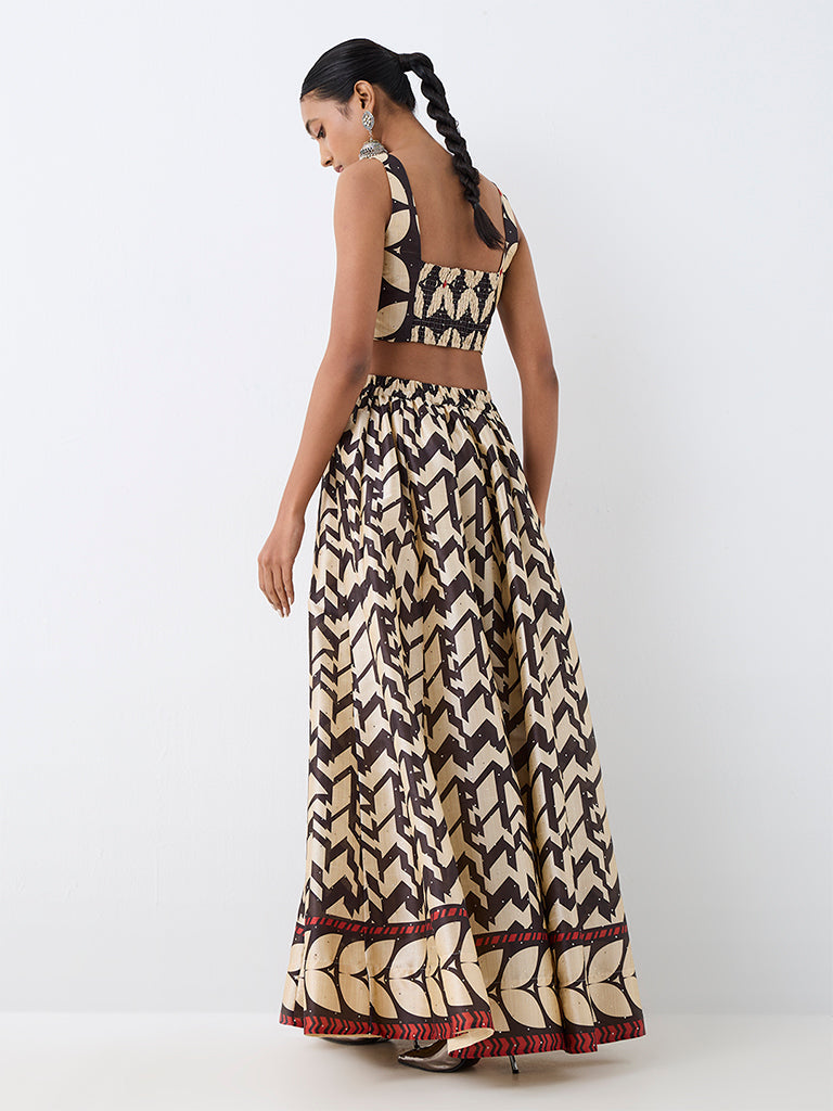 Vark Black Graphic Printed Flared Maxi Skirt