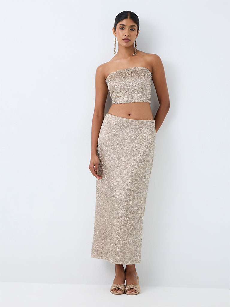 Vark Light Gold Sequin Embellished Pencil Skirt