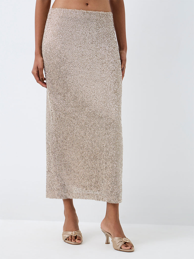 Vark Light Gold Sequin Embellished Pencil Skirt