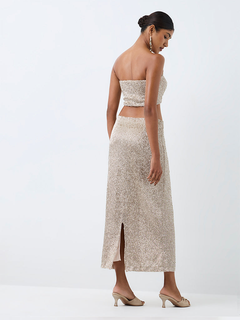 Vark Light Gold Sequin Embellished Pencil Skirt