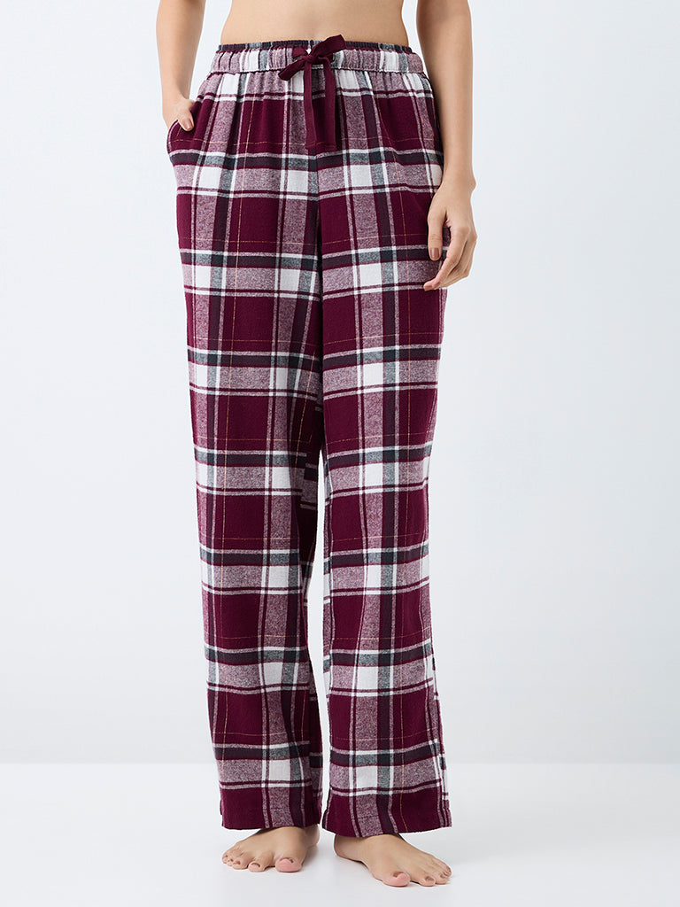 Wunderlove Wine Checkered Print Cotton-Blend High-Rise Pants