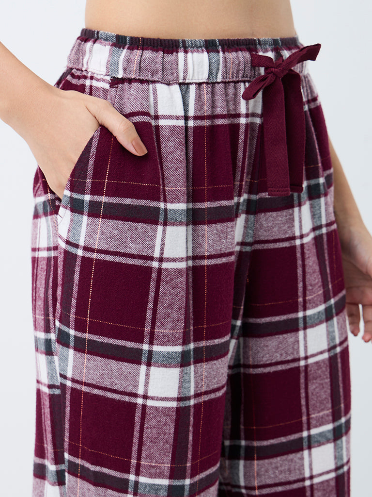 Wunderlove Wine Checkered Print Cotton-Blend High-Rise Pants