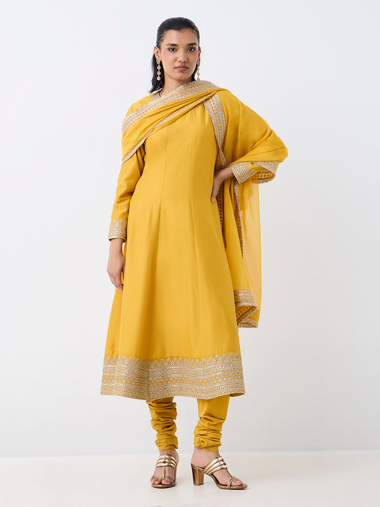 Vark Yellow Zari Embroidered Flared Ethnic Set