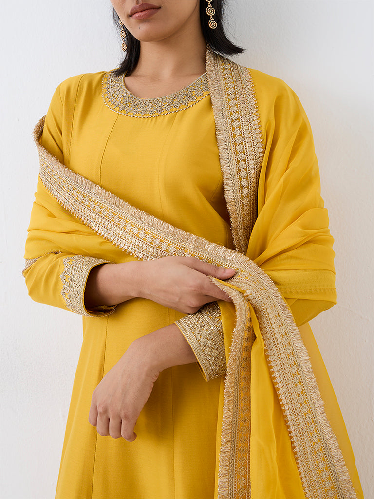 Vark Yellow Zari Embroidered Flared Ethnic Set