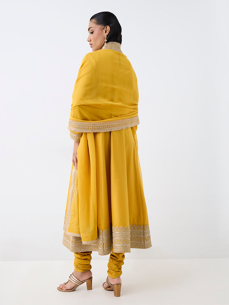 Vark Yellow Zari Embroidered Flared Ethnic Set