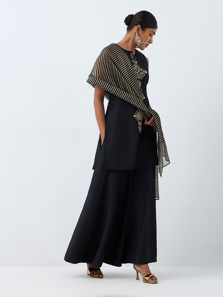 Vark Black Geometric Embroidered Straight Kurta and Flared Palazzos Set