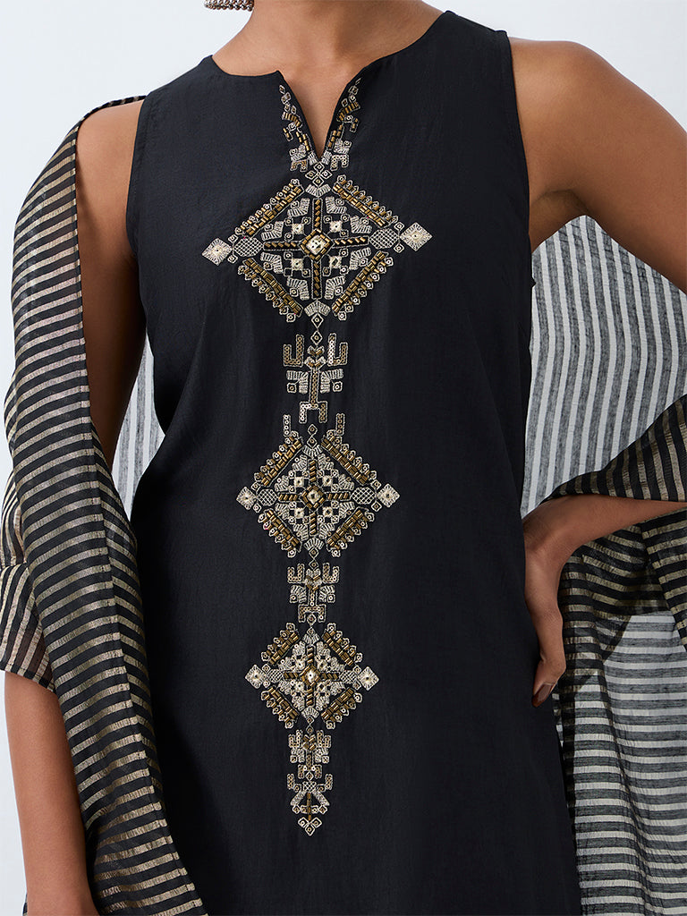 Vark Black Geometric Embroidered Straight Kurta and Flared Palazzos Set