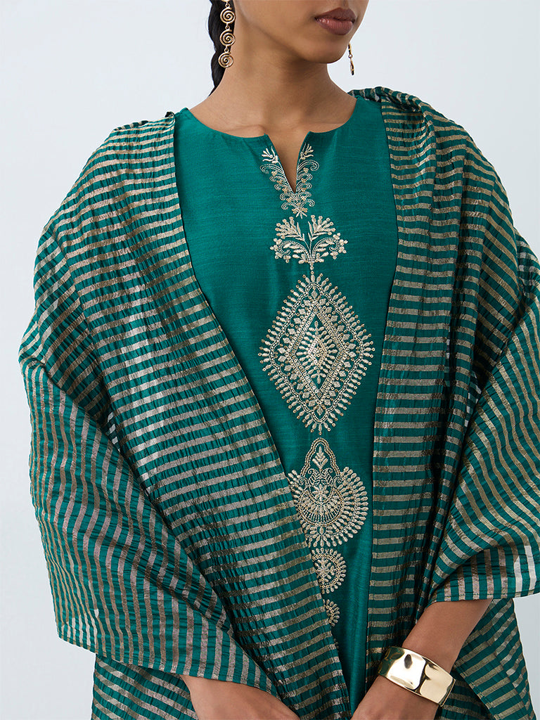 Vark Teal Floral Embroidered A-Line Kurta and Flared Palazzos Ethnic Set