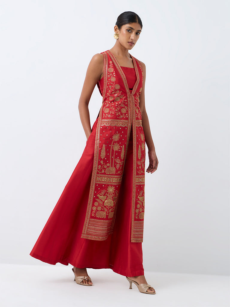 Vark Red Heritage Embroidered Jacket with Top