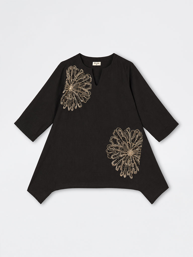 Diza Black Floral Embroidered Asymmetrical Kurti