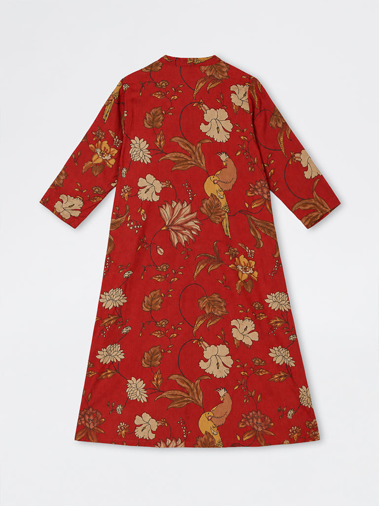 Diza Red Nature-Theme A-Line Kurta