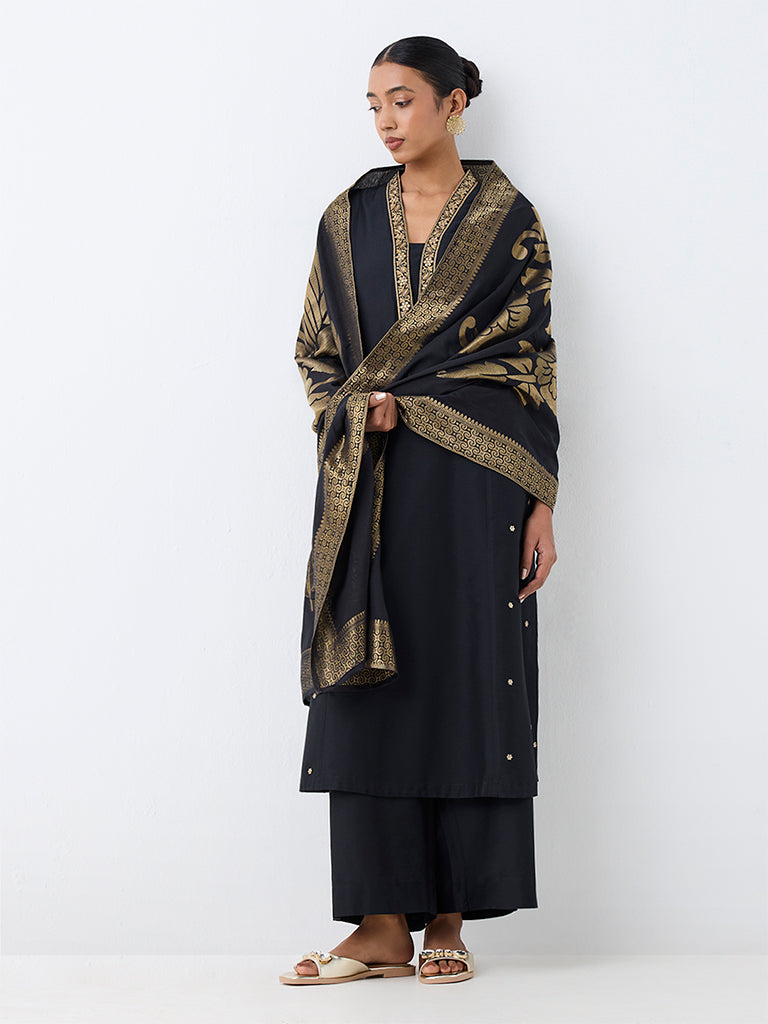 Vark Black Floral Embroidered A-Line Ethnic Set