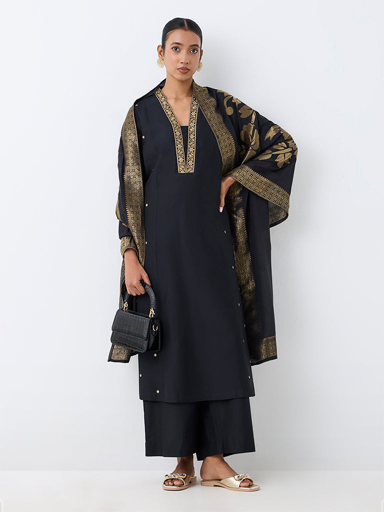 Vark Black Floral Embroidered A-Line Ethnic Set