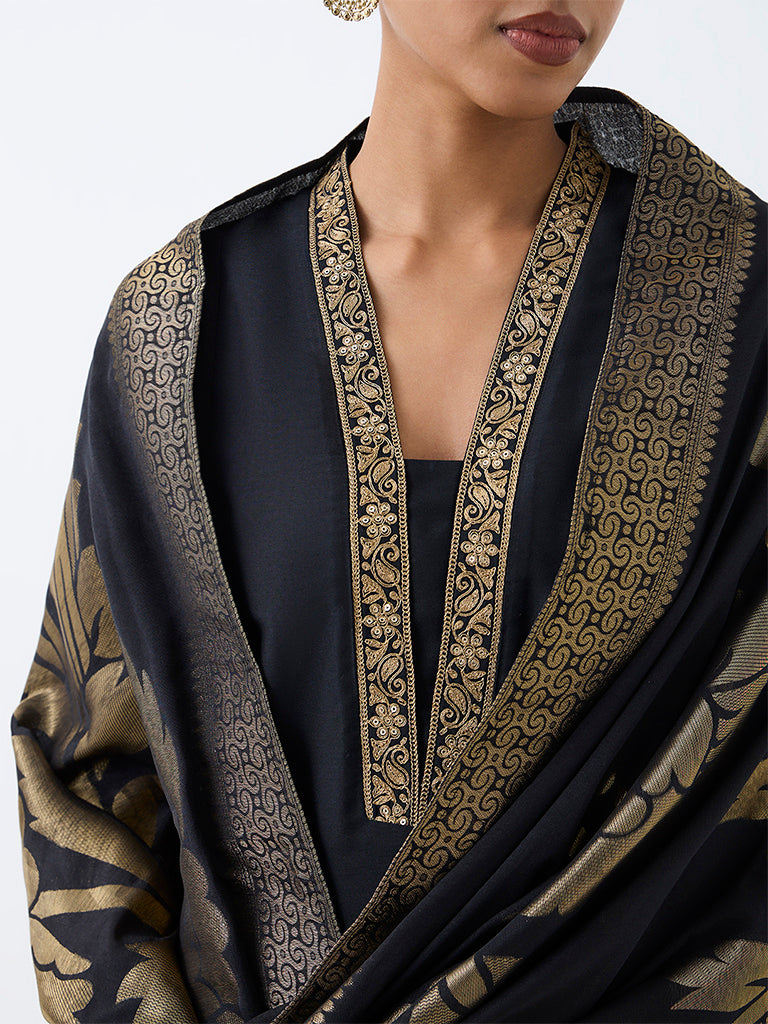 Vark Black Floral Embroidered A-Line Ethnic Set