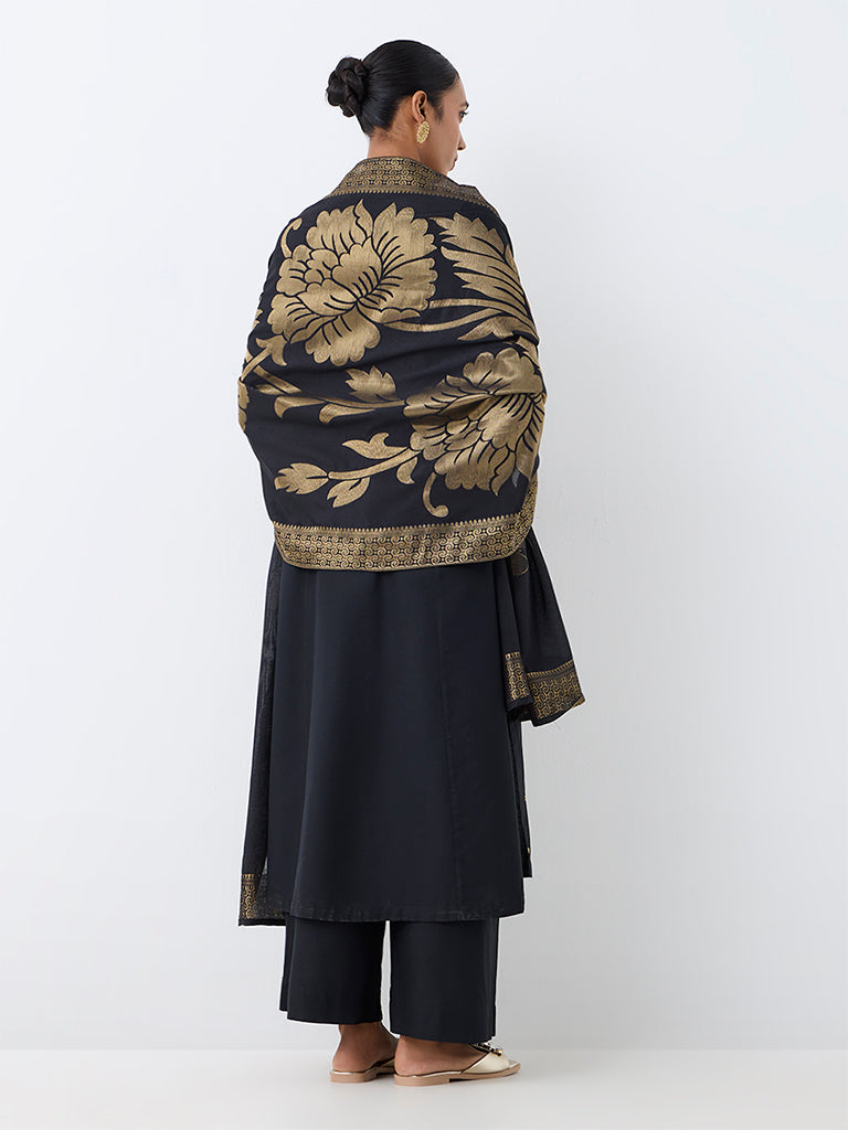 Vark Black Floral Embroidered A-Line Ethnic Set