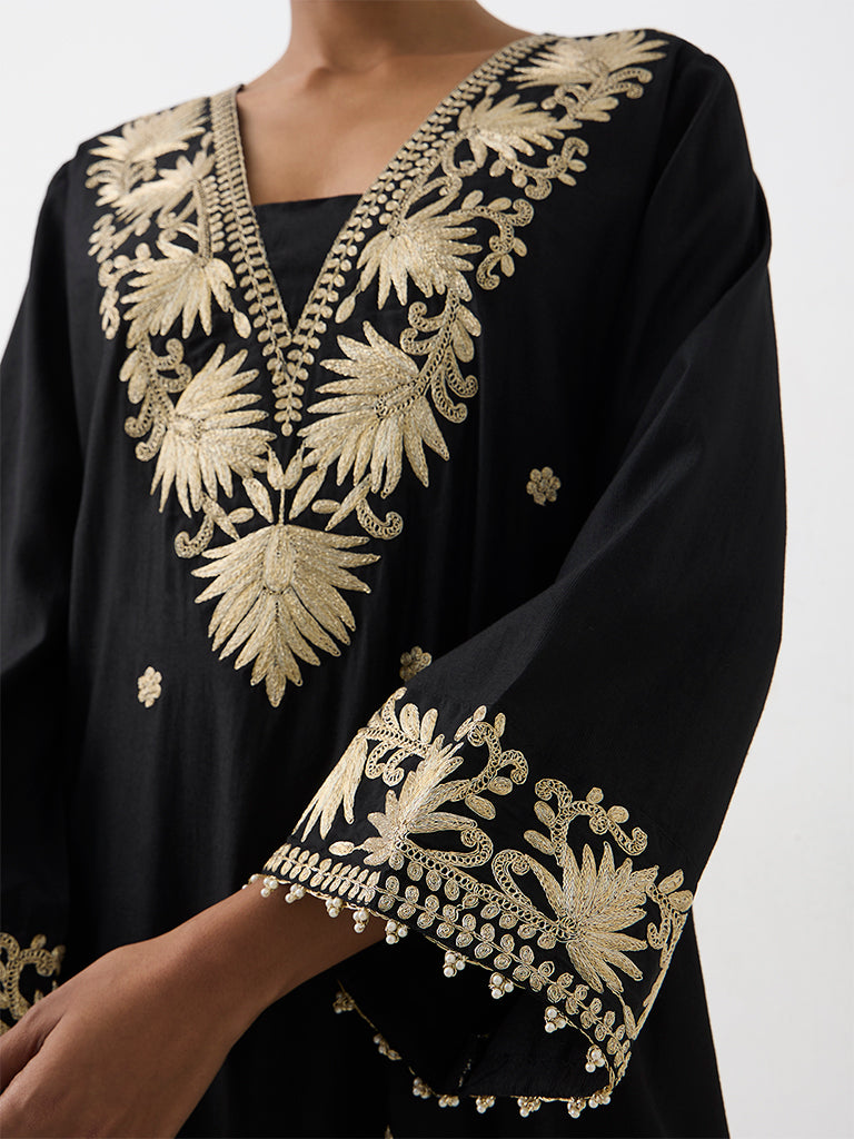 Vark Black Botanical Embroidered Straight Ethnic Set