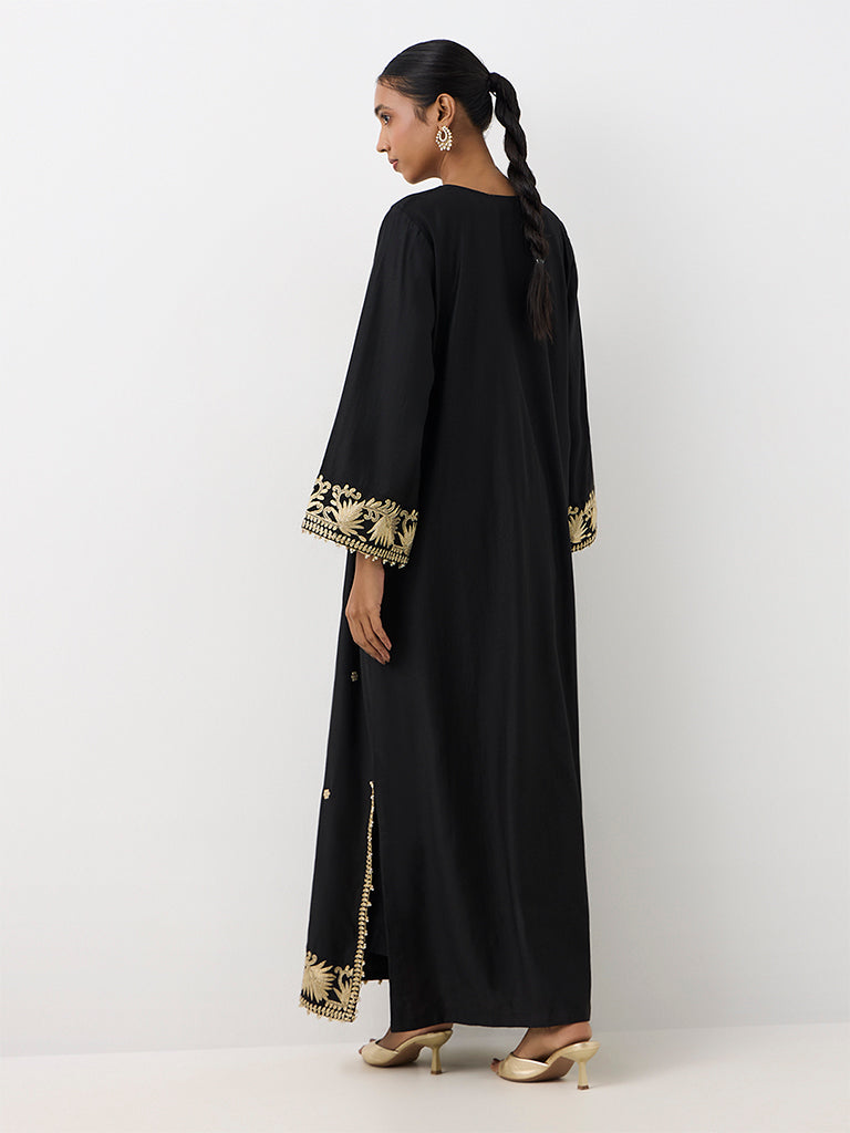Vark Black Botanical Embroidered Straight Ethnic Set