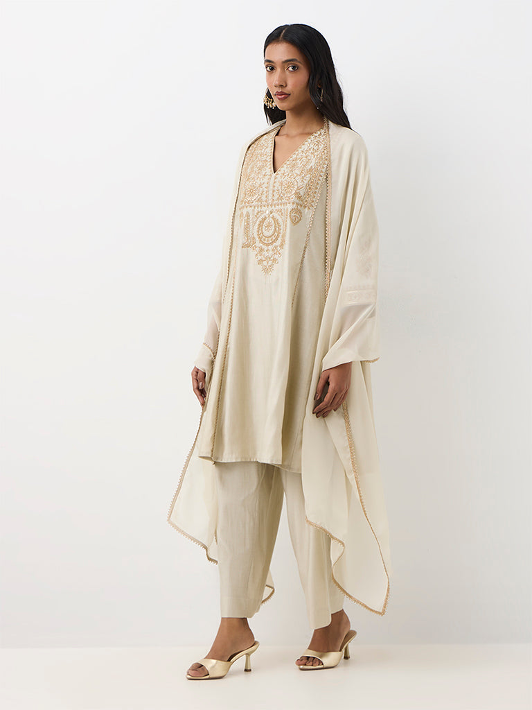 Vark Light Grey Embroidered Flared Ethnic Set