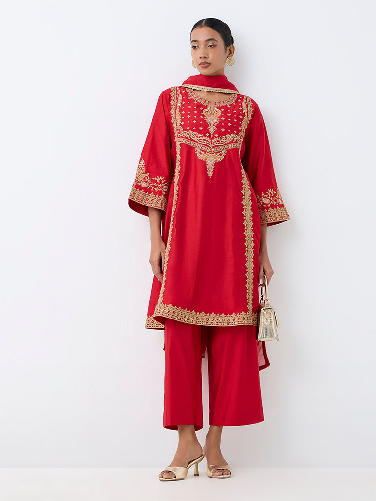 Vark Red Floral Embroidered A-Line Ethnic Set