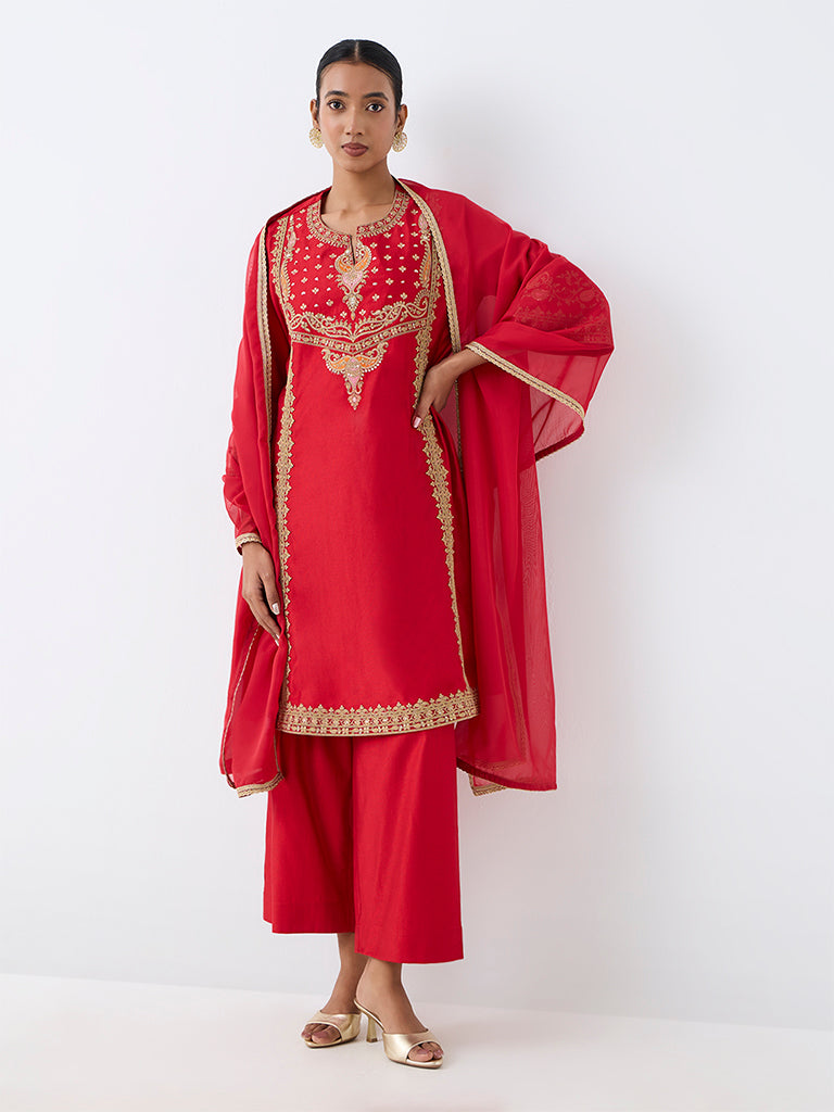 Vark Red Floral Embroidered A-Line Ethnic Set