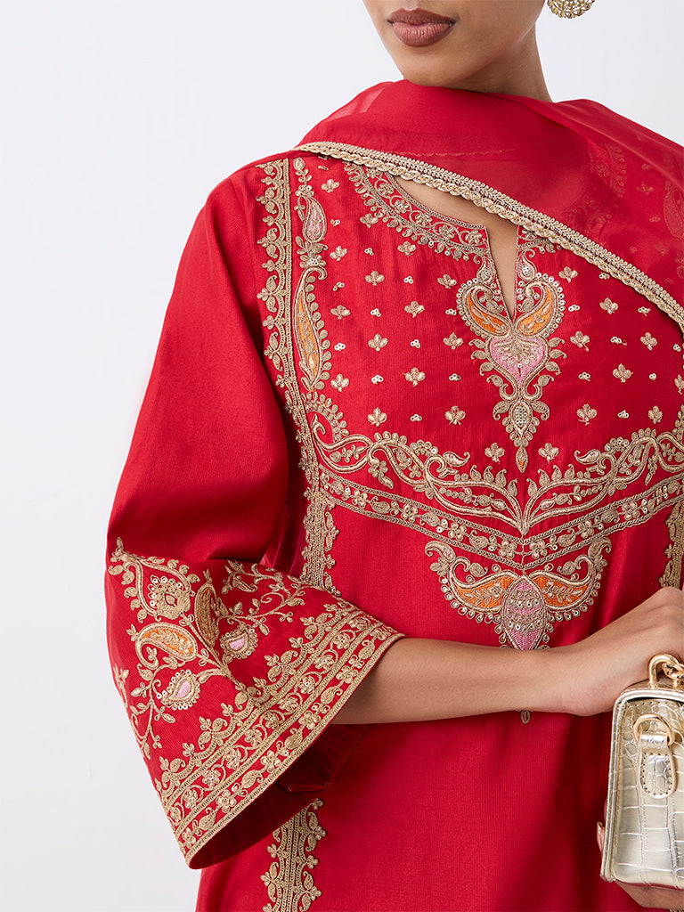 Vark Red Floral Embroidered A-Line Ethnic Set