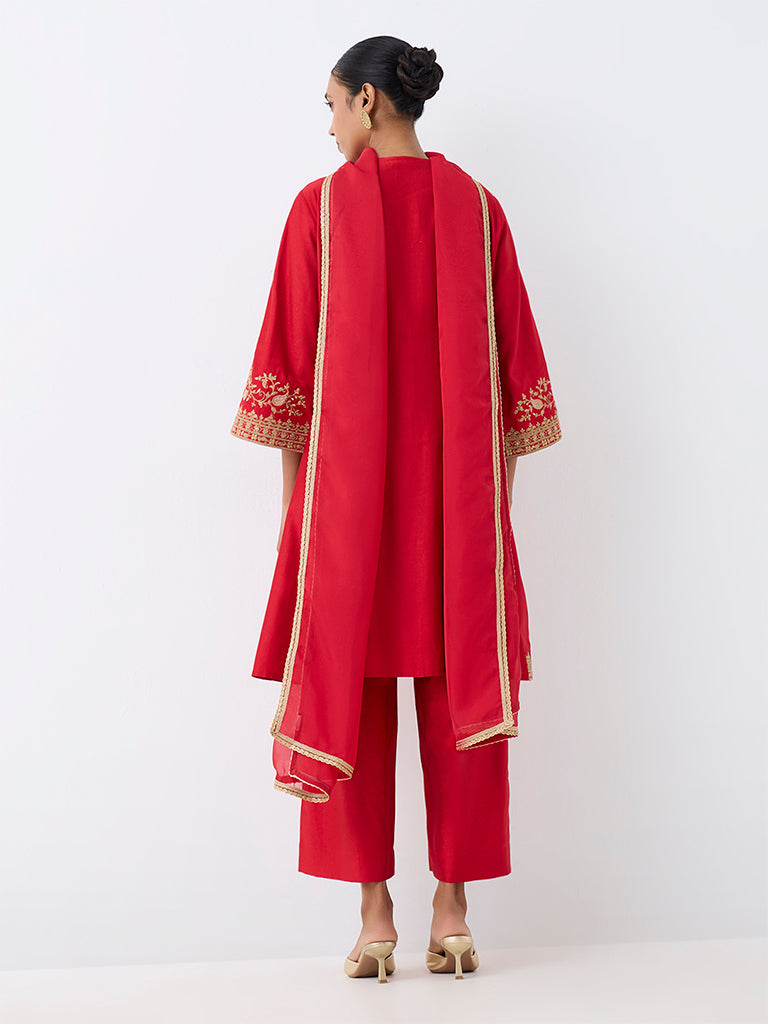 Vark Red Floral Embroidered A-Line Ethnic Set