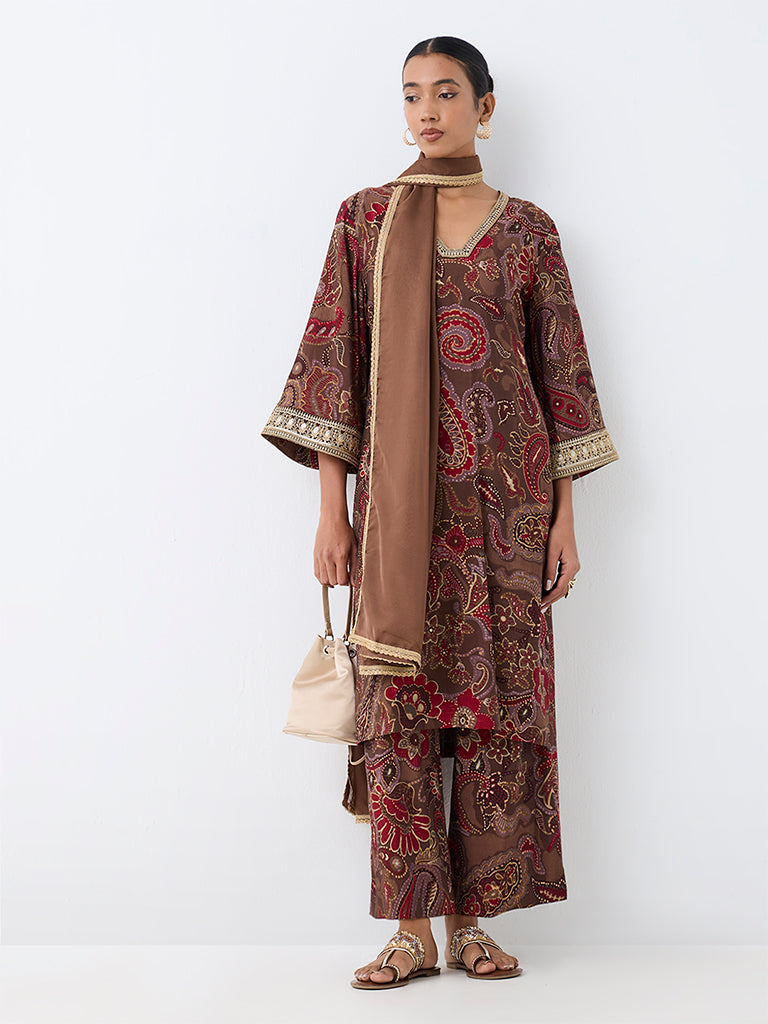 Vark Brown Paisley Printed A-Line Ethnic Set