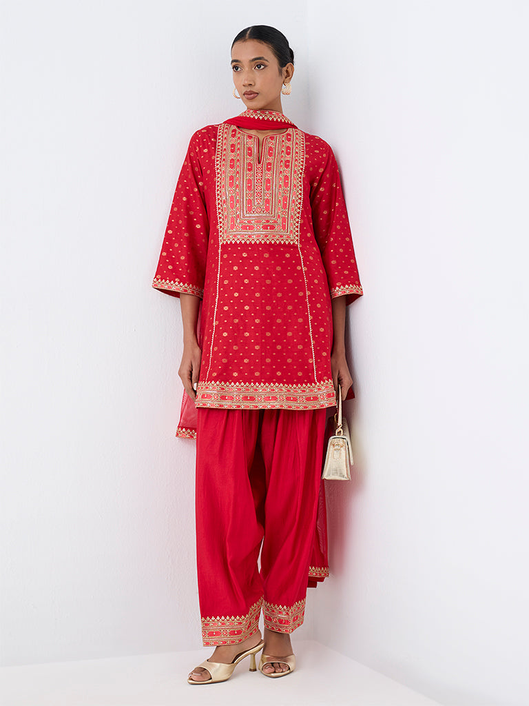 Vark Red Embroidered Short Kurta and Farshi Salwar Set