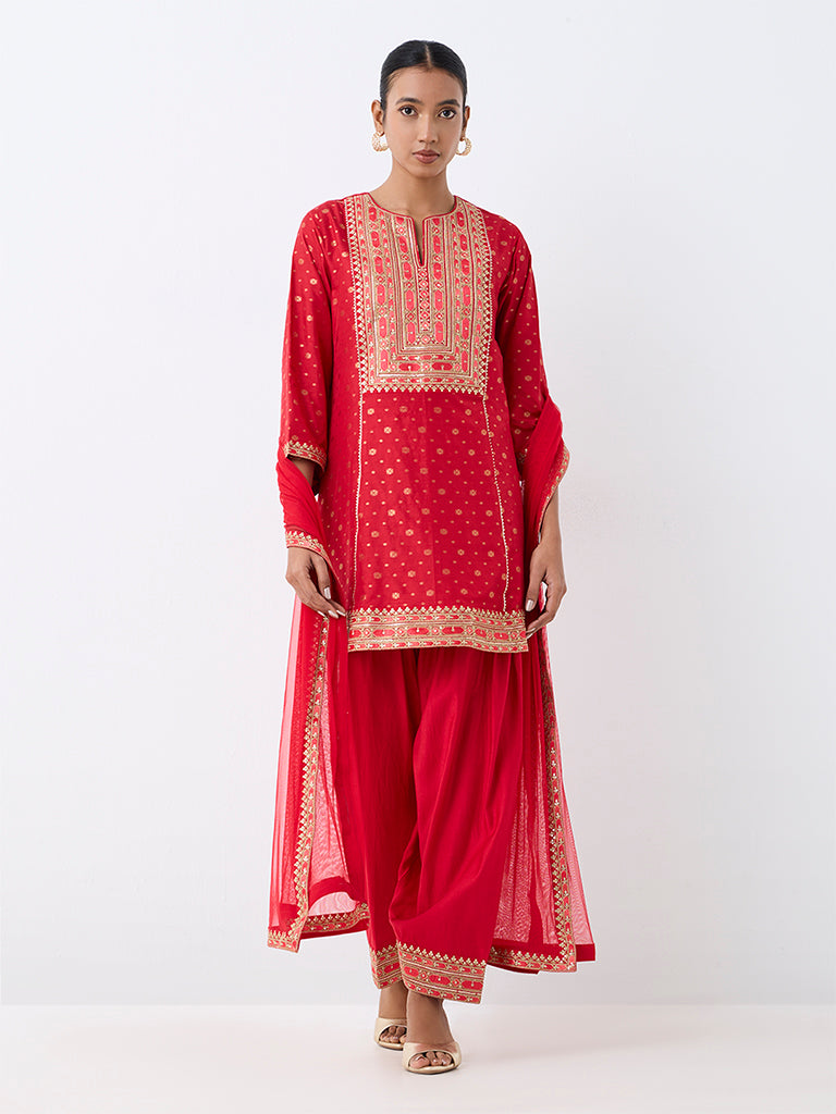 Vark Red Embroidered Short Kurta and Farshi Salwar Set