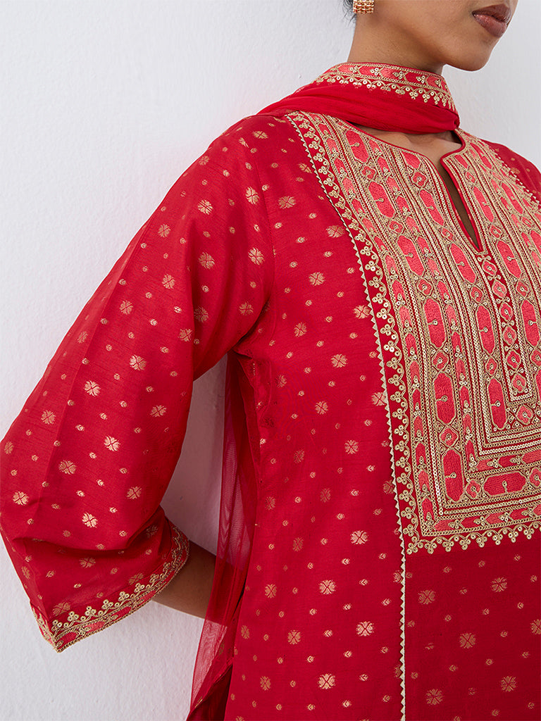 Vark Red Embroidered Short Kurta and Farshi Salwar Set