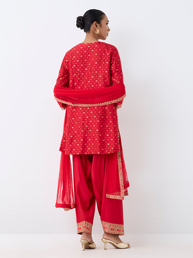 Vark Red Embroidered Short Kurta and Farshi Salwar Set