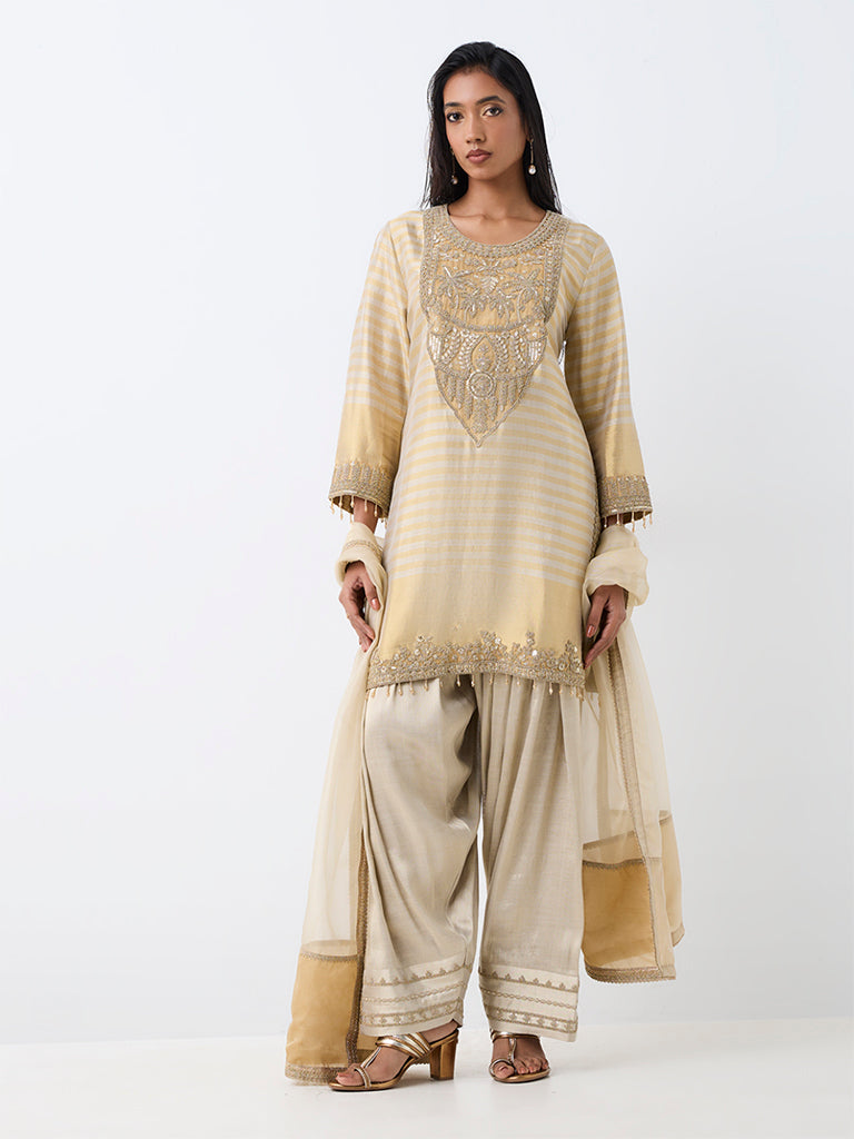 Vark Gold Botanical Embroidered Cotton A-Line Kurta and Farshi Salwar Set