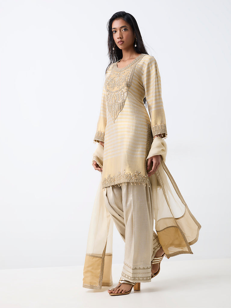 Vark Gold Botanical Embroidered Cotton A-Line Kurta and Farshi Salwar Set