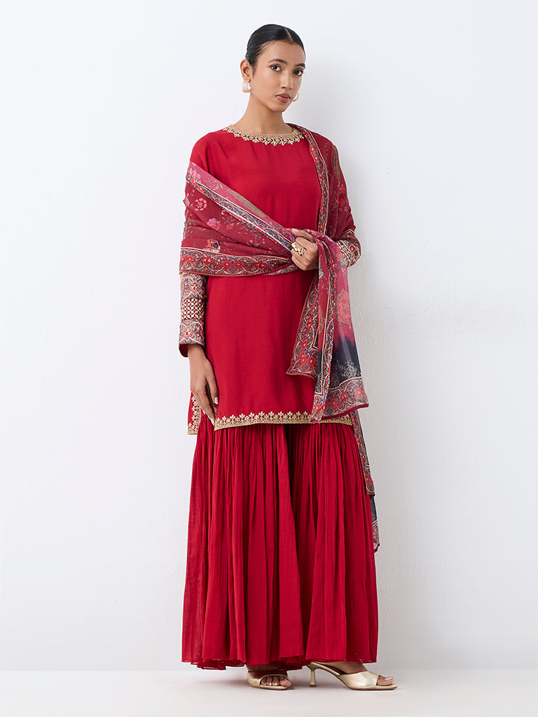 Vark Red Floral Embroidered A-Line Kurta and Sharara Ethnic Set