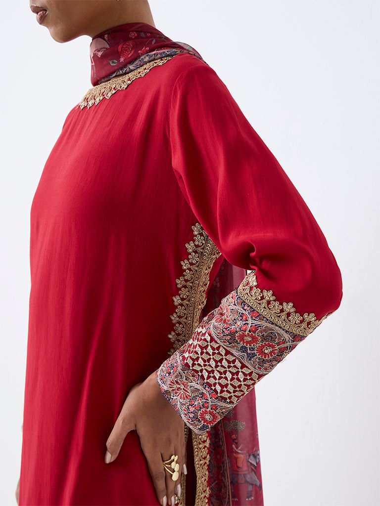 Vark Red Floral Embroidered A-Line Kurta and Sharara Ethnic Set