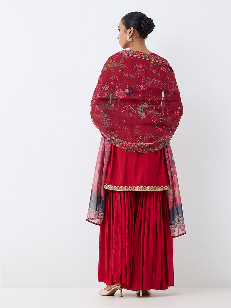 Vark Red Floral Embroidered A-Line Kurta and Sharara Ethnic Set