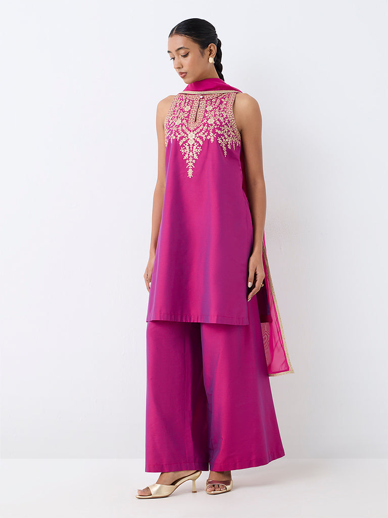 Vark Magenta Floral Embroidered A-Line Ethnic Set