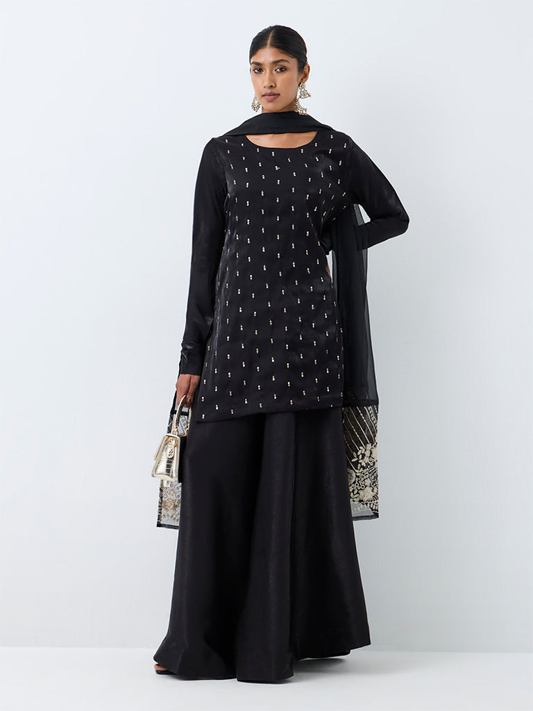 Vark Black Sequin Embellished Straight Kurta and Flared Palazzos Set