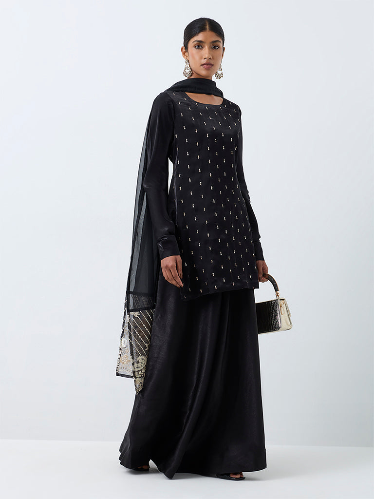 Vark Black Sequin Embellished Straight Kurta and Flared Palazzos Set