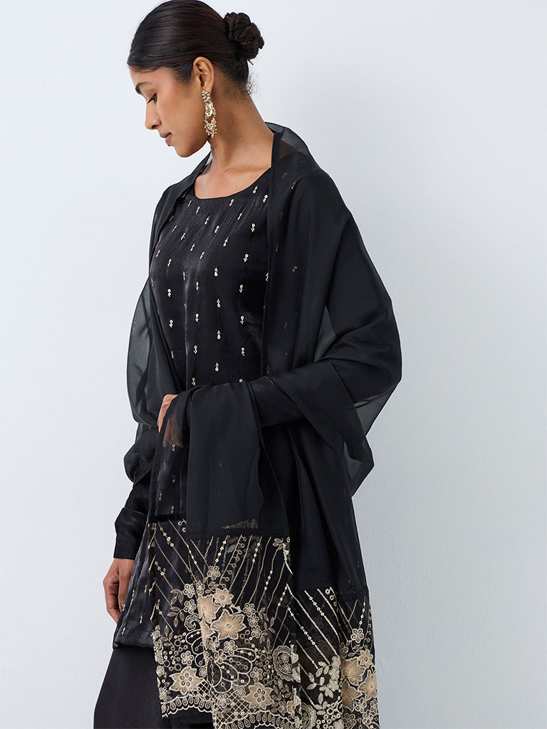 Vark Black Sequin Embellished Straight Kurta and Flared Palazzos Set