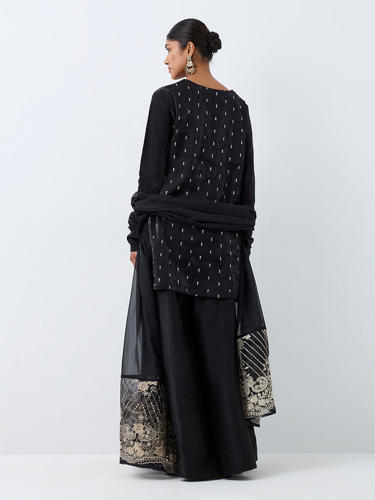 Vark Black Sequin Embellished Straight Kurta and Flared Palazzos Set